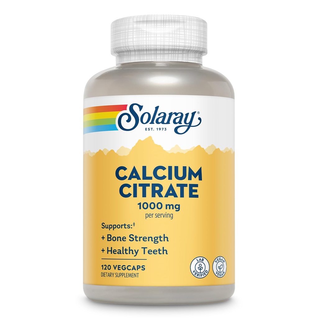 Solaray Calcium Citrate 1000mg - Chelated Calcium Supplement - Υποστηρίζει τη δύναμη των οστών και υγιή δόντια - Easy to Digest - 60-Day Εγγύηση, Vegan - 30 εξυπηρετούν, 120 VegCaps