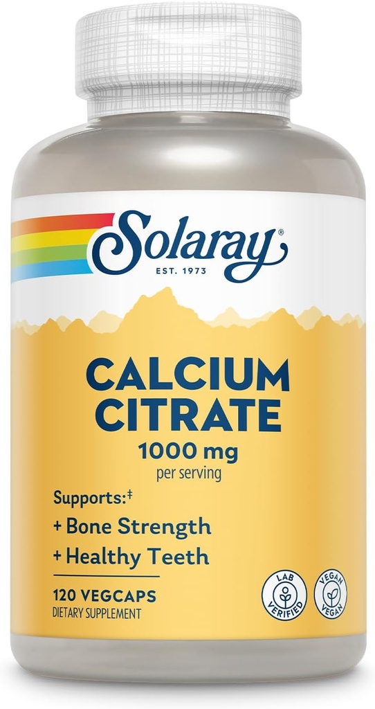 Solaray Calcium Citrate 1000mg - Chelated Calcium Supplement - Υποστηρίζει τη δύναμη των οστών και υγιή δόντια - Easy to Digest - 60-Day Εγγύηση, Vegan - 30 εξυπηρετούν, 120 VegCaps