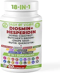 Dash of Vigor 18-in-1 Diosmin Hesperidin Supplement, Quercetin with Bromelain, Zinc, Vitamin C with Rutin Supplement, Horse Chestnut Extract, Butcher's Broom Extract, USA, 60 Capsules