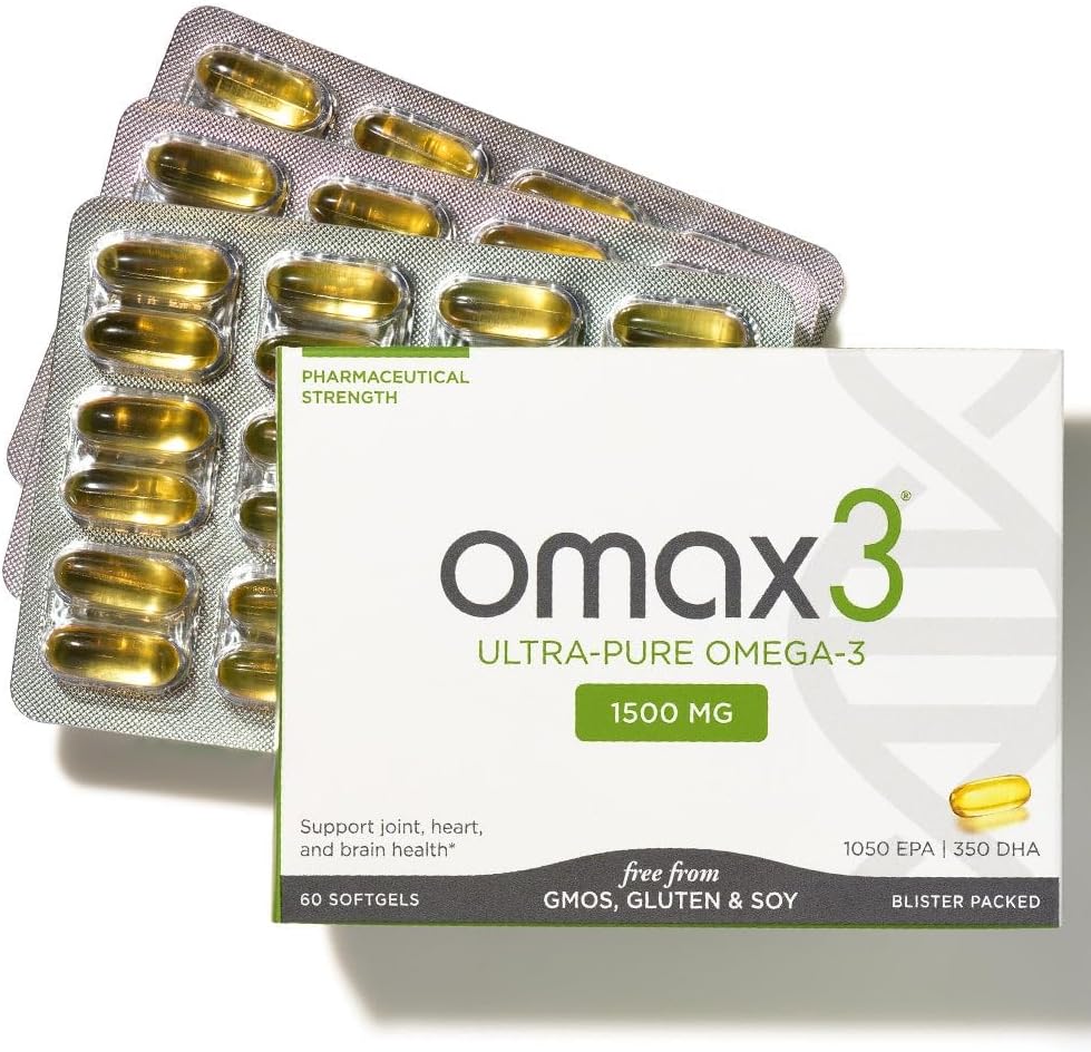 Omax3 Φυσικό Ωμέγα 3 Χάπια ιχθυέλαιου 1500 MG EPA DHA - Ωμέγα3 Συμπληρώματα λιπαρών οξέων Μύες & Κοινές - Χωρίς γλουτένη, Άγριος πιασμένος, μη ΓΤΟ, 30-Ημερη προμήθεια blister συσκευάζεται (1 κουτί)
