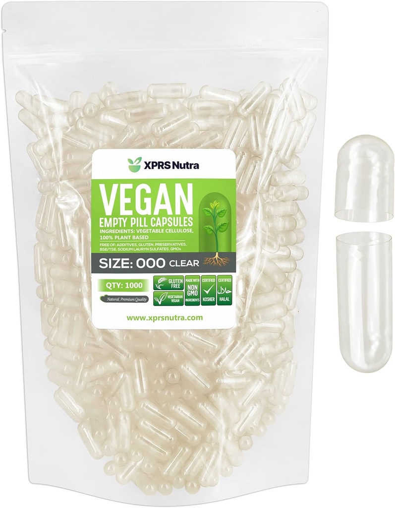 XPRS Nutra Vegan Μέγεθος 000 Κενές κάψουλες - 1000 Μέτρα Καθαρίστε τις κενές κάψουλες Vegan - Χορτοφαγικά - DIY Καψάκιο Γέμισμα - Veggie χάπια