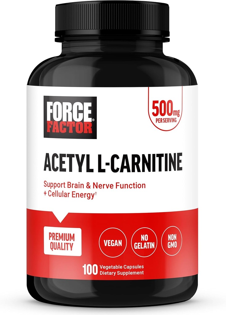 Force Factor Acetyl L-Carnitine Brain Supplement, Nerve Support Supplement, and Cellular Energy Booster, Acetyl L-Carnitine 500mg, Premium Quality, Vegan, Non-GMO, 100 κάψουλες λαχανικών