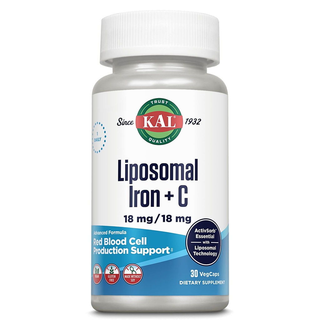 KAL Liposomal Iron Supplement with Liposomal Vitamin C, Iron Supplement for Women and Men, Υψηλή Απορρόφηση, Gentle Iron Hills, Vegan, Gluten Free, 30 Μερίδες, 30 VegCaps