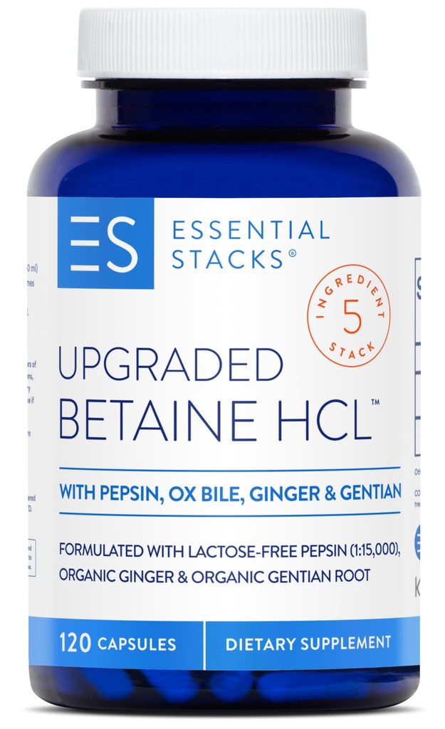 Essential Stacks Betaine HCL with Pepsin, Ox Bile, Organic Gentian & Ginger - Betaine Hydrochloride Supplement w Digestive Enzymes, Bile & Bitters - Gluten, Dairy & Soy Free (120 Capsules)