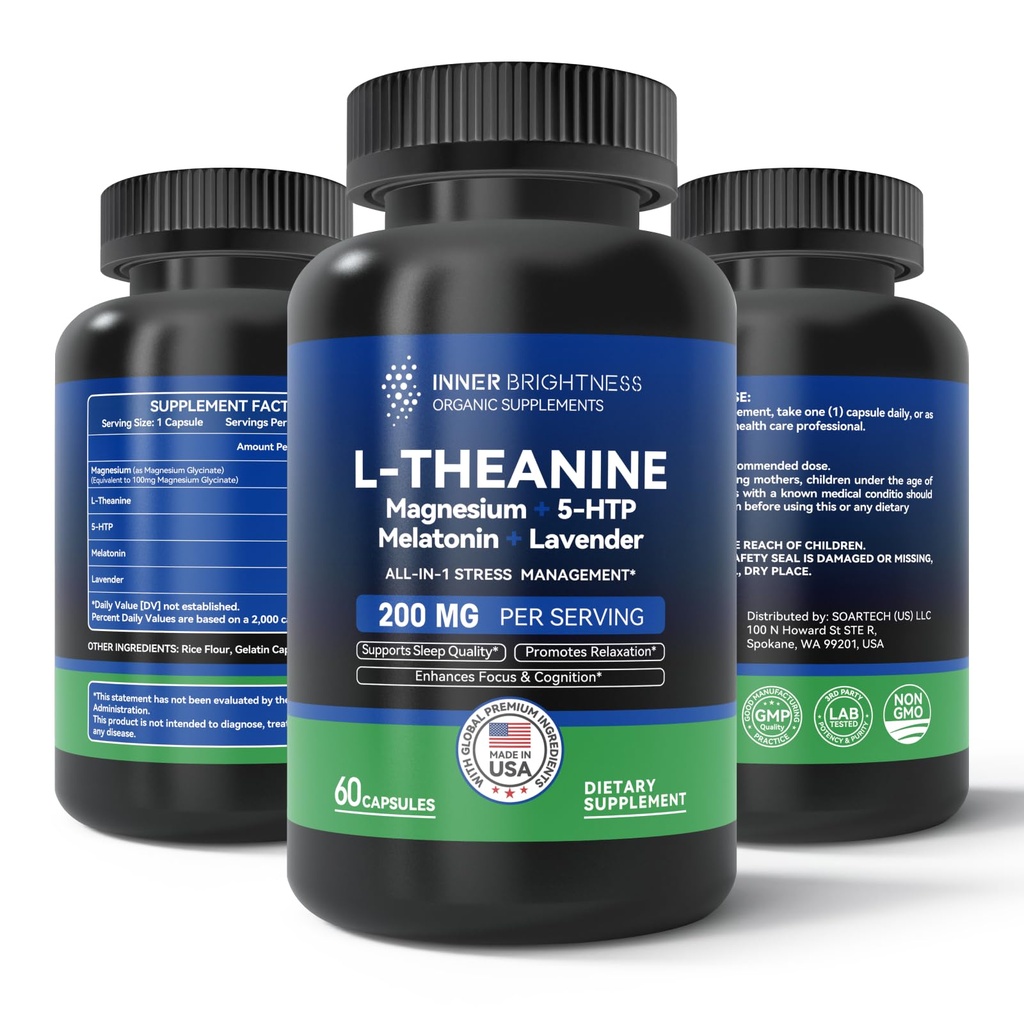 L Theanine 200mg, Μαγνήσιο, 5-HTP & Μελατονίνη – All-in-1 L-Θεανίνη συμπλήρωμα για την ανακούφιση από το άγχος, την εστίαση & τη γνώση, τον ύπνο - 60 κάψουλες