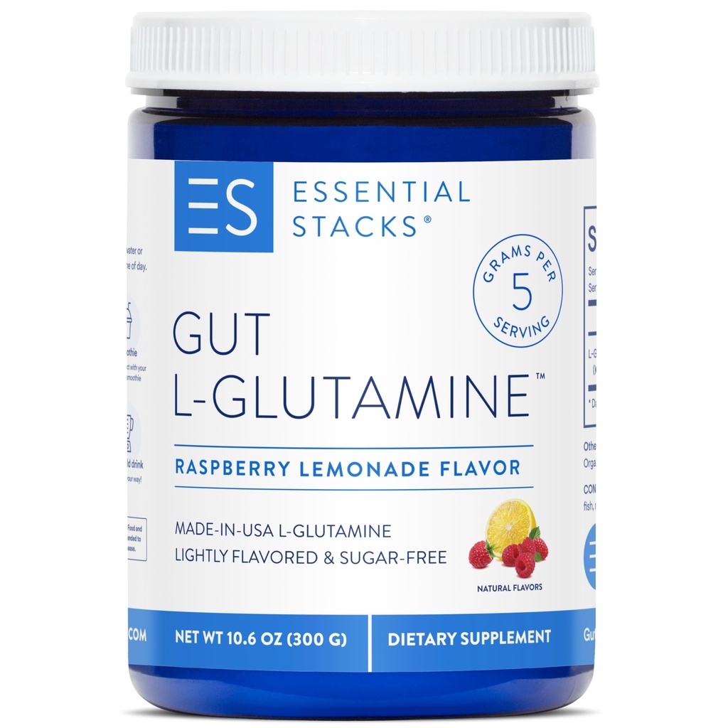 Essential Stacks Gut L-Glutamine Powder - Αποκλειστικά Κατασκευασμένη στις ΗΠΑ - Pure L Glutamine Powder for Gut Health (50 Σερβιέτες, Λεμονάδα Βατόμουρο)