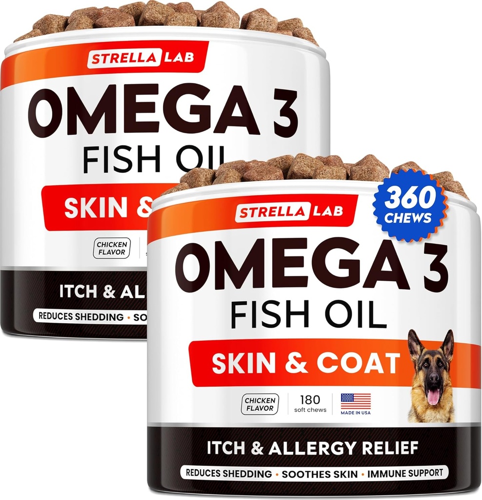 STRELLAB Omega 3 για σκύλους - (360Ct) Ιχθυέλαιο Θεραπείες - Αλλεργία & Itch Relief Skin & Coat Supplement - Ξηρό Ίτσι Δέρμα, Αντι Shedding & Hot Spots Θεραπεία - Κατοικίδια Μασουράκια Λάδι σολομού - Κοτόπουλο Γεύση