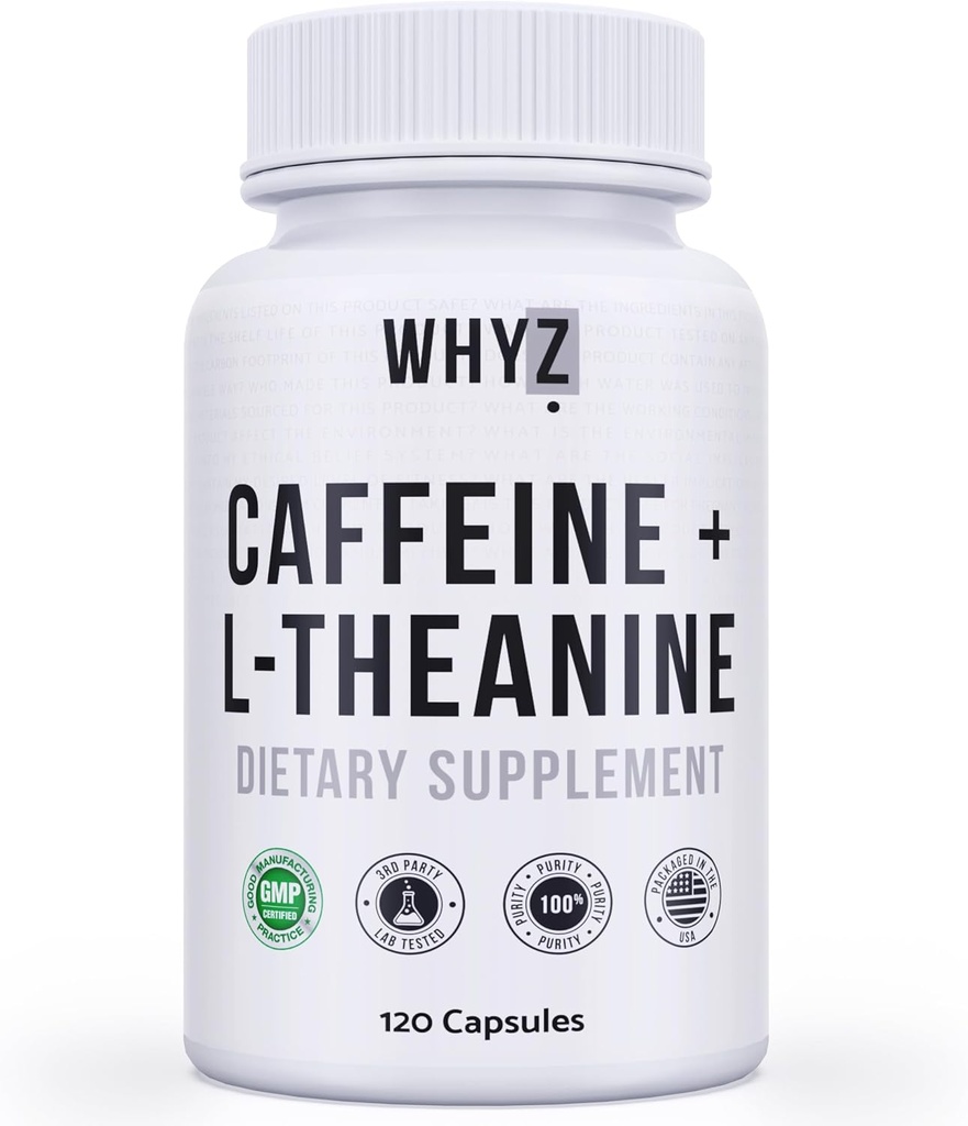 WHYZ Caffeine Pills with L-Theanine, 120 Capsules, Nootropic Stack Energy Pills, Energy Vitamins for Sustained Energy Focus & Cognitive Function, L Theanine Caffeine Energy Supplements for Women & Men
