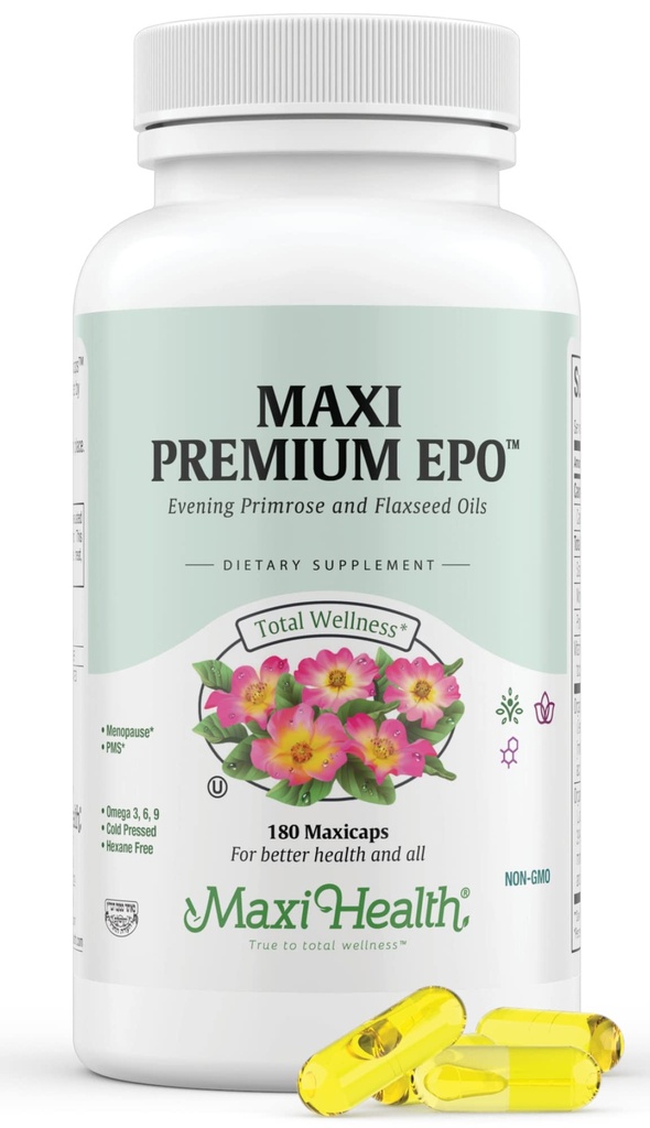Maxi-Health Evening Primrose and Flax Seeds Oil Softgels - Vegan Omega 3 6 9 Συμπληρώματα για υγιές δέρμα, μαλλιά, και αρθρώσεις - Kosher Certified, Organic Evening Primrose Oil Softgels, 180 Count