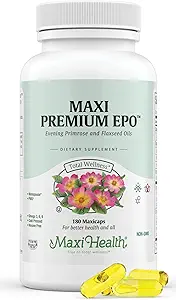 Maxi-Health Evening Primrose and Flax Seeds Oil Softgels - Vegan Omega 3 6 9 Supplements for Healthy Skin, Hair, and Joints - Kosher Certified, Organic Evening Primrose Oil Softgels, 180 Count