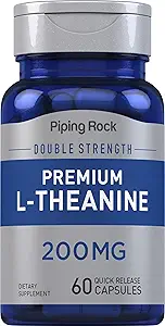 Piping Rock L-Theanine Supplement 200mg | 60 Capsules | Premium Double Strength | Non-GMO, Gluten Free