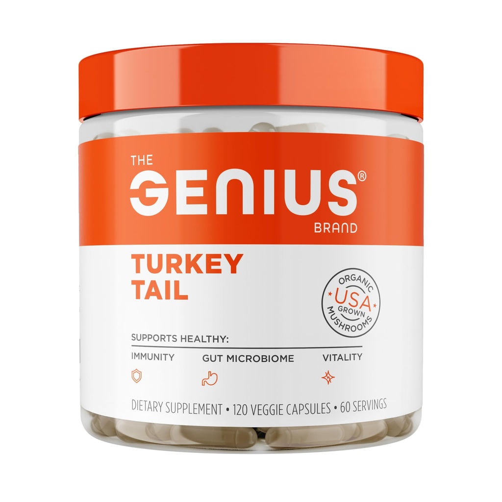 The Genius Brand Genius Turkey Tail - Φυτικό συμπλήρωμα για ανοσοποιητική, αντιοξειδωτική και αντιοξειδωτική υποστήριξη - Organic & Non-GMO - 120 κάψουλες λαχανικών