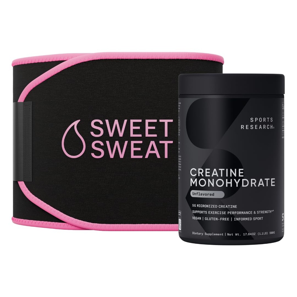 Sports Research® Training Performance Pack - Creatine Monohydrate and Sweet Sweat Waist Trimmer (Black/Pink, Medium)