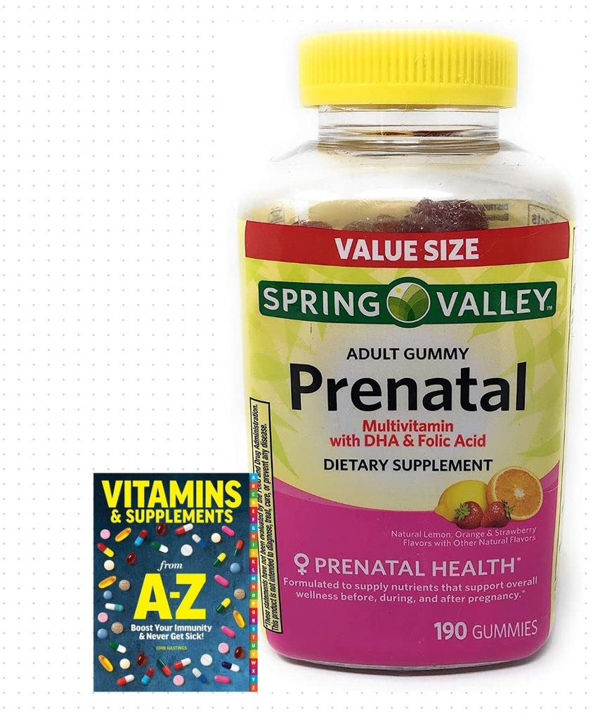 Spring Valley Adult Προγεννητική Υγεία Πολυβιταμίνη DHA & Φολικό οξύ, Φρούτα, 190 Gummies+Better Guide Βιταμίνες Συμπληρώματα Βιβλίο