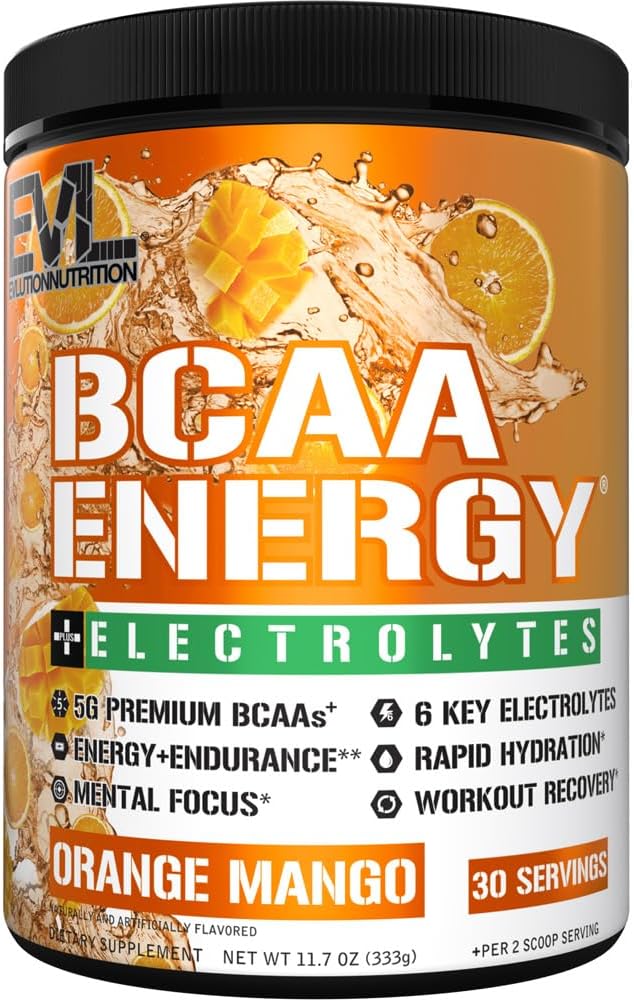 EVL BCAAs Αμινοξέα σε σκόνη - BCAA Ενέργεια πριν από την προπόνηση σκόνη για την αποκατάσταση μυών ανάπτυξη και αντοχή - Επανυδρώνοντας μετά την αποκατάσταση προπόνησης ποτό με 6 Ηλεκτρολύτες - Orange Mango