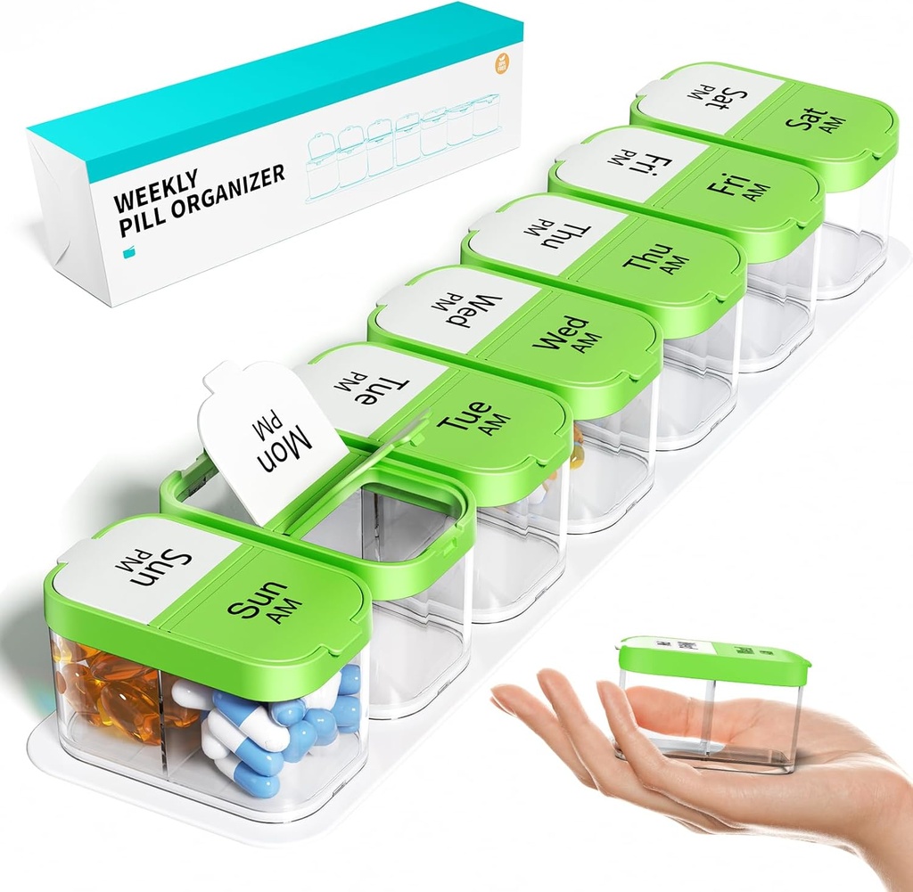 Odaro Extra Large Weekly Pill Organizer 2 Times A Day, Pill Box 7 Day Am Pm to Hold Daily Medicine Vitamin and Supplements - Green