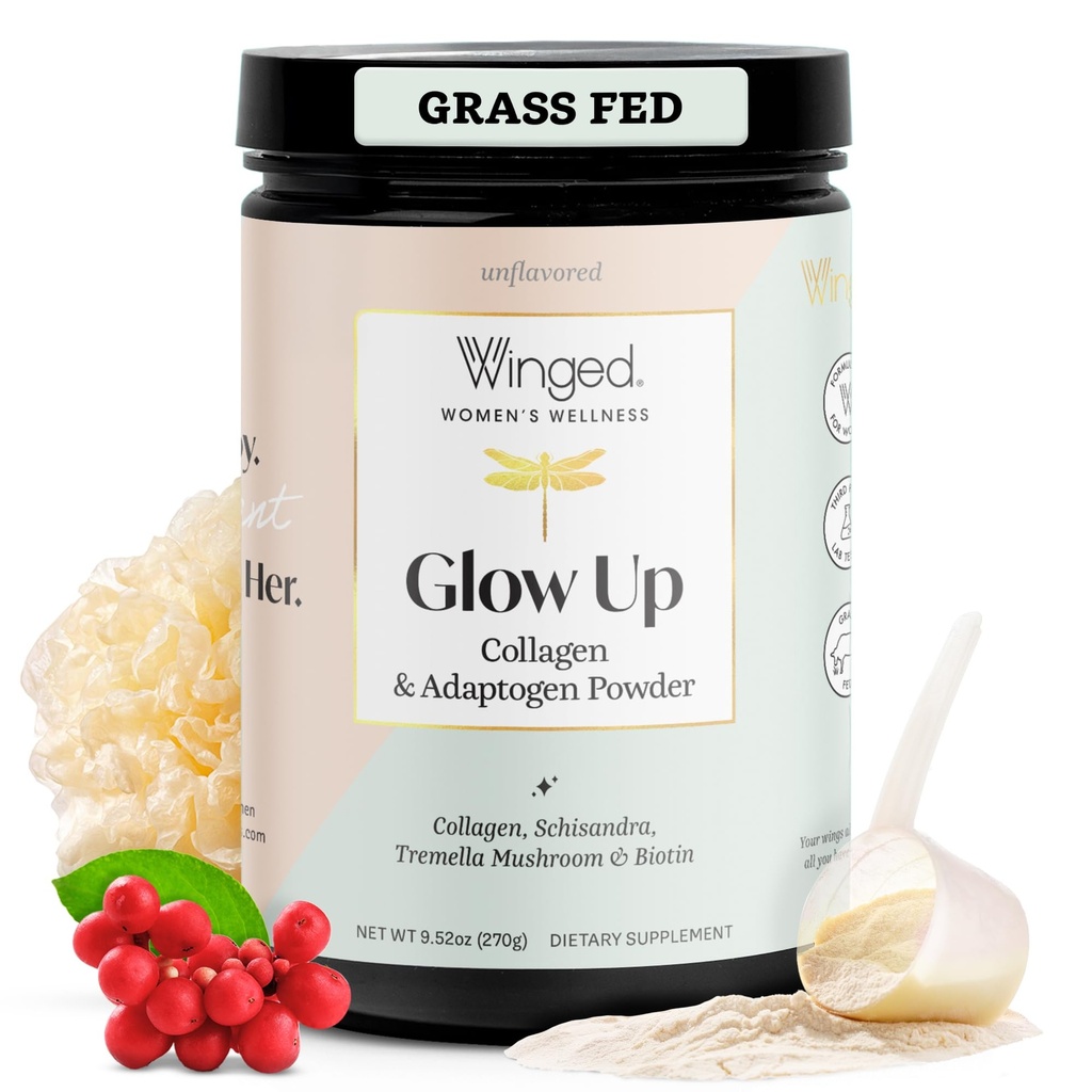 Winged Wellness Glow Up, Collagen Powder for Women - Hair, Skin & Nails Συμπλήρωμα ομορφιάς με Grass-Fed Hydrolyzed Collagen Peptides Adaptogens, Vitamin C & Biotin - 25 Σερβίρεις, Χωρίς γεύση