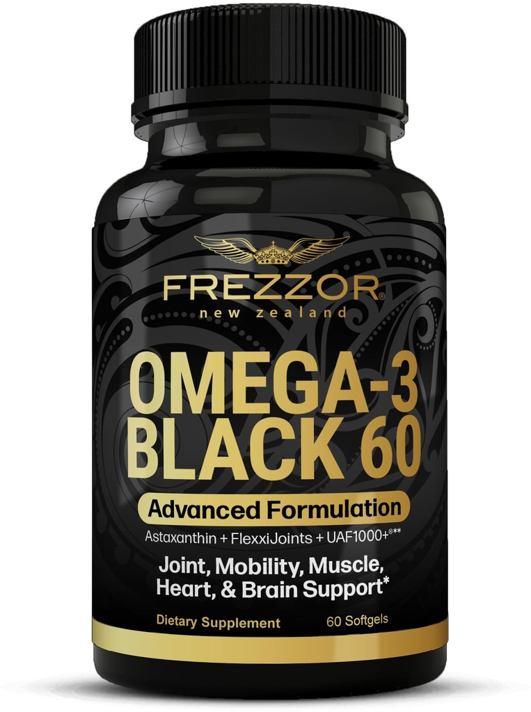 FREZZOR Omega 3 Μαύρο για Κοινή Φροντίδα & Άνεση - Νέα Ζηλανδία Πράσινο Lipped Mussel Oil Κάψουλες; 53x Υψηλότερη Ικανότητα με UAF1000+ Σούπερ Αντιοξειδωτικό, Χωρίς Αλιευτική Επίγευση, 1-Pack, 60 Softgels
