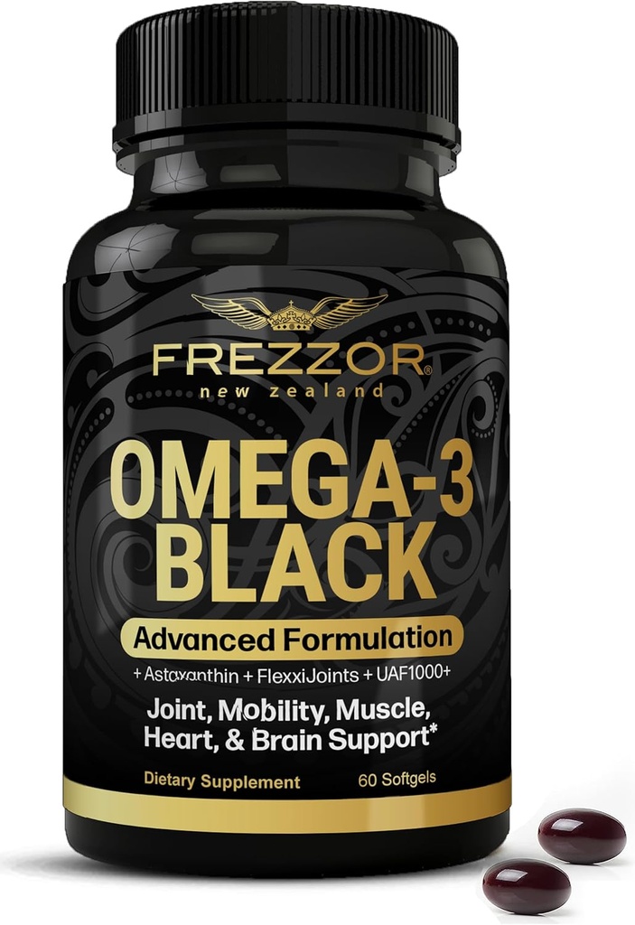 FREZZOR Omega 3 Μαύρο για Κοινή Φροντίδα & Άνεση - Νέα Ζηλανδία Πράσινο Lipped Mussel Oil Κάψουλες; 53x Υψηλότερη Ικανότητα με UAF1000+ Σούπερ Αντιοξειδωτικό, Χωρίς Αλιευτική Επίγευση, 1-Pack, 60 Softgels