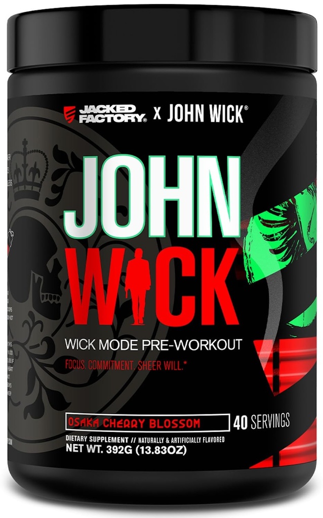 Jacked Factory X John Wick - Wick Mode Pre Workout Powder - Έντονη ενέργεια, έτοιμη για μάχη εστίαση, ασταμάτητη δέσμευση, και Sheer Will - 40 εξυπηρετούν, Osaka Cherry Blossom