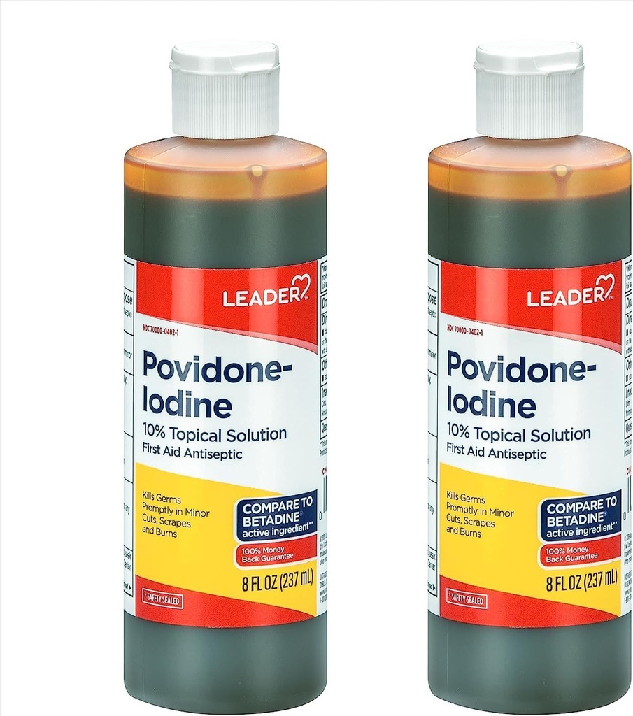 Leader Povidone Iodine 10% Prep Solution USP, First Aid Antiseptic Wound Cleanser, Wound Wash, Antiseptic Soap (8 Fl Oz, Pack of 2)