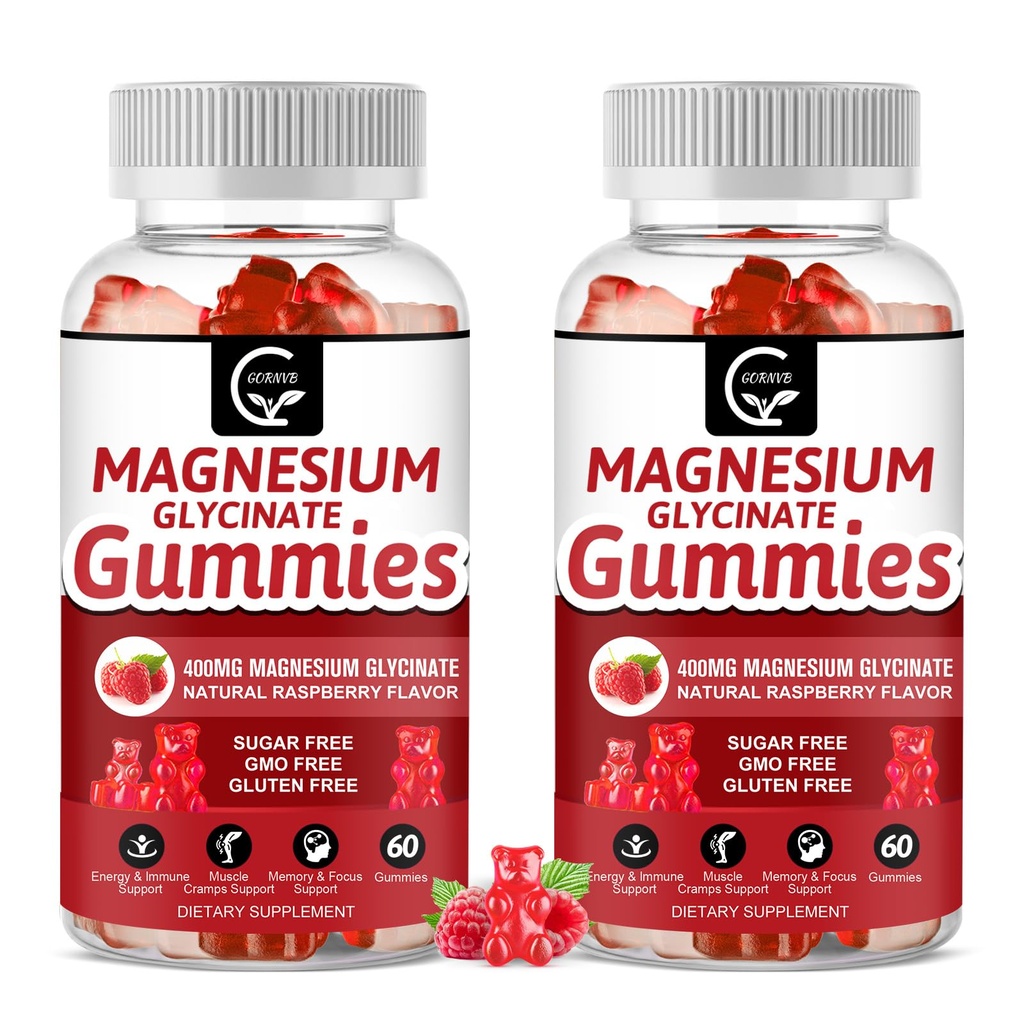 Μαγνήσιο Γλυκινικό Gummies 400mg, Mg Συμπληρώματα καλίου με Χηλικό Σύμπλεγμα Μαγνησίου, Βιταμίνη D, B6, και CoQ10, Υποστηρίζει τη μνήμη, την ηρεμία, Mood & Sleep - 60 Count (Pack of 2)