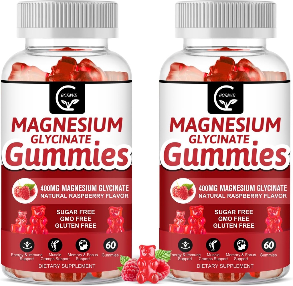 Μαγνήσιο Γλυκινικό Gummies 400mg, Mg Συμπληρώματα καλίου με Χηλικό Σύμπλεγμα Μαγνησίου, Βιταμίνη D, B6, και CoQ10, Υποστηρίζει τη μνήμη, την ηρεμία, Mood & Sleep - 60 Count (Pack of 2)
