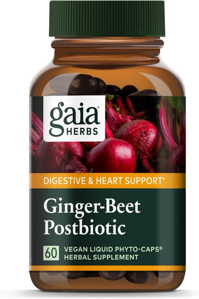 Gaia Herbs Ginger-Bet Postbiotic - Συμπλήρωμα για την υποστήριξη της υγείας των ορνίθων και της καρδιάς - Φτιαγμένα με οργανικά ζυμωμένα beets & Ginger - Χωρίς γαλακτοκομικά, σόγια και γλουτένη - 60 κάψουλες Vegan (30 σερβιέτες)
