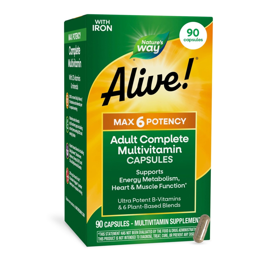 Ο Δρόμος της Φύσης Ζωντανός! Max6 Potency Adult Complete Multivitamin, with Iron, Vitamins A, C, E & B-Vitamins Συμπεριλαμβανομένων μεθυλιωμένων B12 & Folate, υποστηρίζει τον ενεργειακό μεταβολισμό*, 90 κάψουλες (Packaging May Vary)