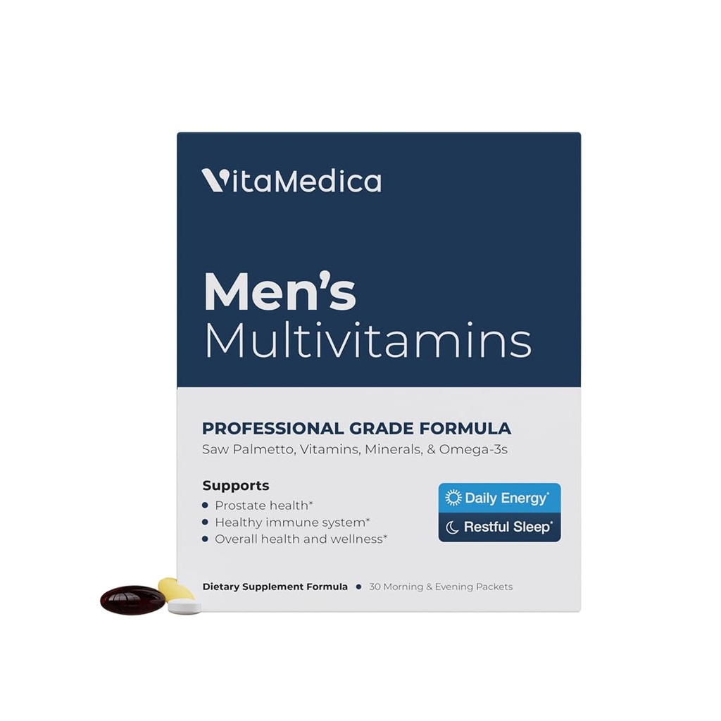 VitaMedica Men’s Multivitamin with Prostate Health Support | Vitamins, Minerals, Omega3s and Saw Palmetto | Box of 30 Easy Daily Packs | Supports Natural Energy and Sleep | Muscle, Joint Health