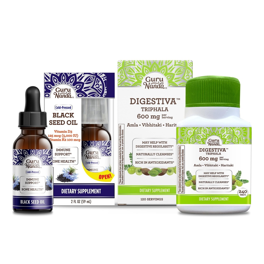 GuruNanda Μαύρο Έλαιο Σπέρματος, Ψυχρής Πίεσης Nigella Sativa - Πλούσιο σε Βιταμίνη D3 5000 Μονάδες & Digestiva Triphala (240 δισκία), Υποστηρίζει Πήξη, Βοηθά με Μπλόφα