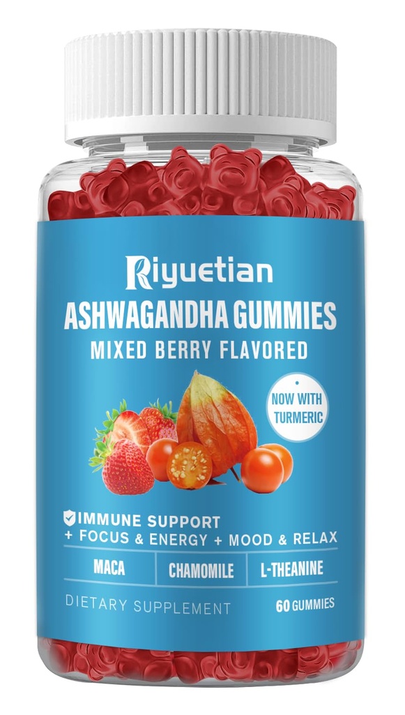 Ashwagandha Gummies for Women & Men - ανακούφιση από το στρες, ανοσοποιητική υποστήριξη & αυξημένη ενέργεια - Χωρίς ζάχαρη, Vegan - Βιολογικό Ashwagandha Root Συμπληρώματα Gummy- Φυσικό άρωμα φράουλας (60 κόμης)