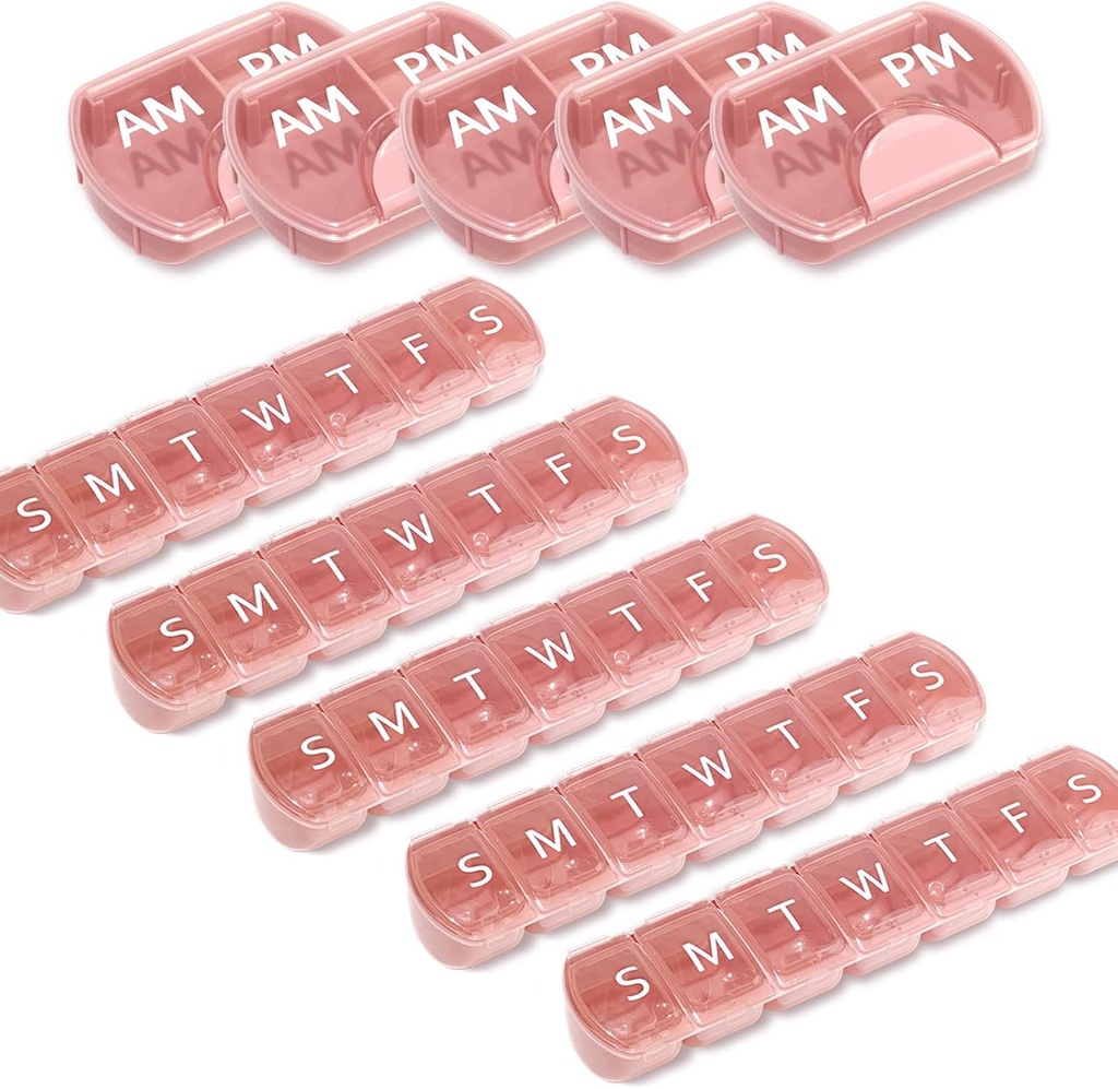 10 Pack (Εβδομαδιαία & Καθημερινή), 2 φορές την ημέρα (AM/PM) + 7-Day Pill Organizer, Vitamin Planner, Μεγάλη Χωρητικότητα Pill Box Set, Travel Pill Case for Medication/Vitamins/Fish Oils/Supplements, Pink