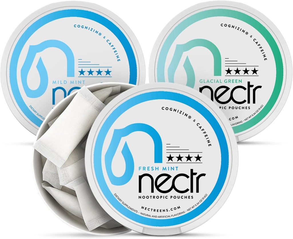 Nectr Energy Nootropic Pouches Mint Mix - Καφεΐνη Pouches με Cognizin Citicoline. 3 Γεύσεις: Ήπια και Φρέσκια Μέντα, και Παγωμένο Πράσινο. Χωρίς ζάχαρη, Nicotine Free Calm Focus & Energy συμπλήρωμα