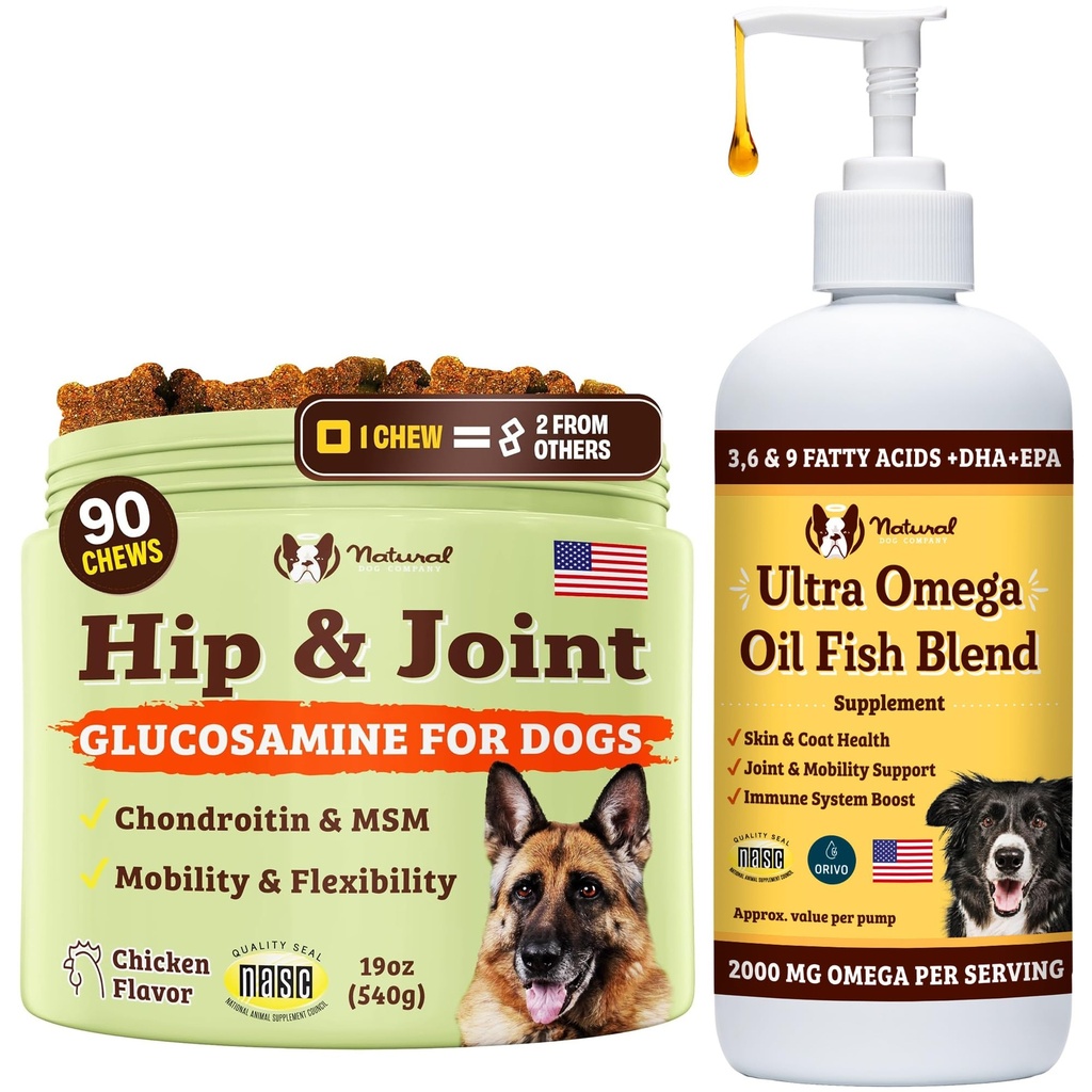 Natural Dog Company Canine Vitality Dog Βιταμίνες και συμπληρώματα Bundle, περιλαμβάνει (1) Hip και Joint Chews συμπλήρωμα-90 τεμ cosequin για σκύλους, (1) Ultra Omega Fish Oil 16 Oz Omega 3 Fish Oil για σκύλους