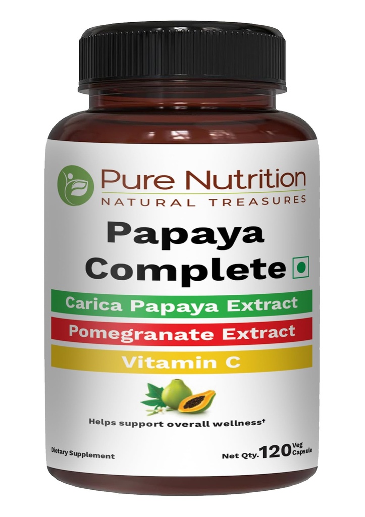 Pure Nutrition Papaya Complete | 120 Caps | Carica Papaya Leaf Extract with Iron, VIT C, VIT A & Folic Acid | Supports Platelet Immunity & Digestion Non-GMO | Gluten-Free