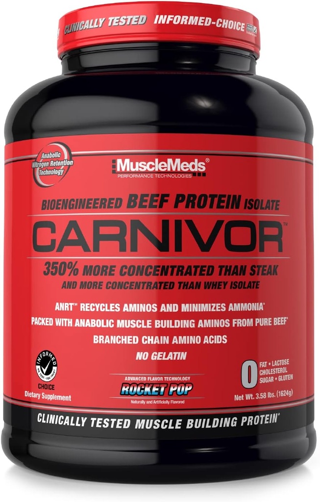 MuscleMeds CARNIVOR Beef Protein Isolate Powder, Muscle Building, Recovery, Lactose Free, Sugar Free, Fat, Free, 23g Protein, Rocket Pop, 56 Servings