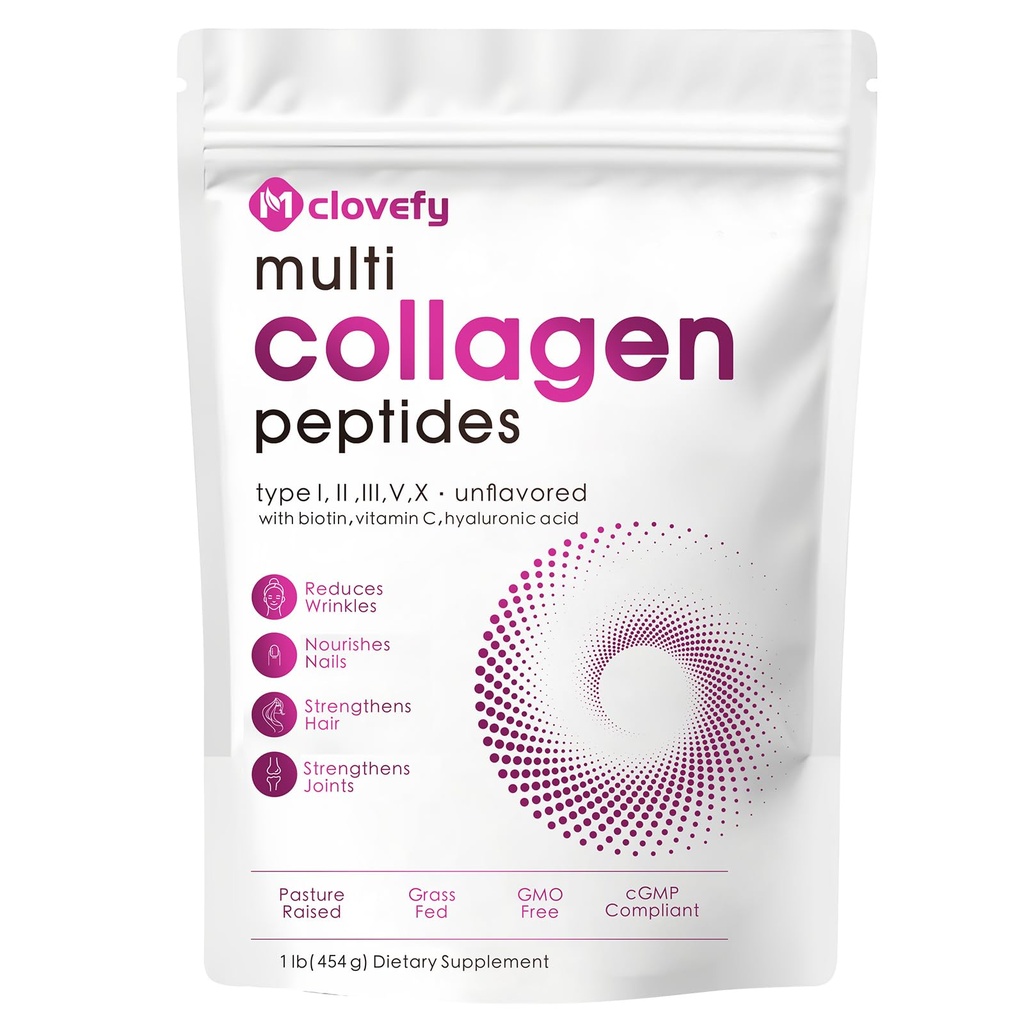 Multi Collagen Peptides Peptides Powder, 16 Oz (41 Servings) - Συμπλήρωμα πρωτεϊνών, τύπου I, II, III, V, X με Υαλουρονικό Οξύ, Βιταμίνη C και Βιοτίνη, Άγευστη, Εύκολα Αναμιγνύεται στα Ποτά