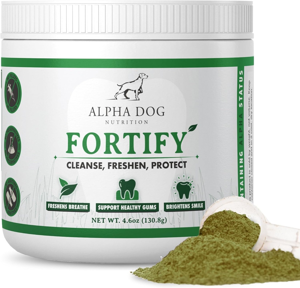 Dog Teeth Cleaning Powder - Fortify Dental Powder for Dogs - Plaque Remover and Freshens Bad Breath with Fresh Green Supplements - Contains Kelp, Probiotics, and Other Tooth Cleaning Ingredients