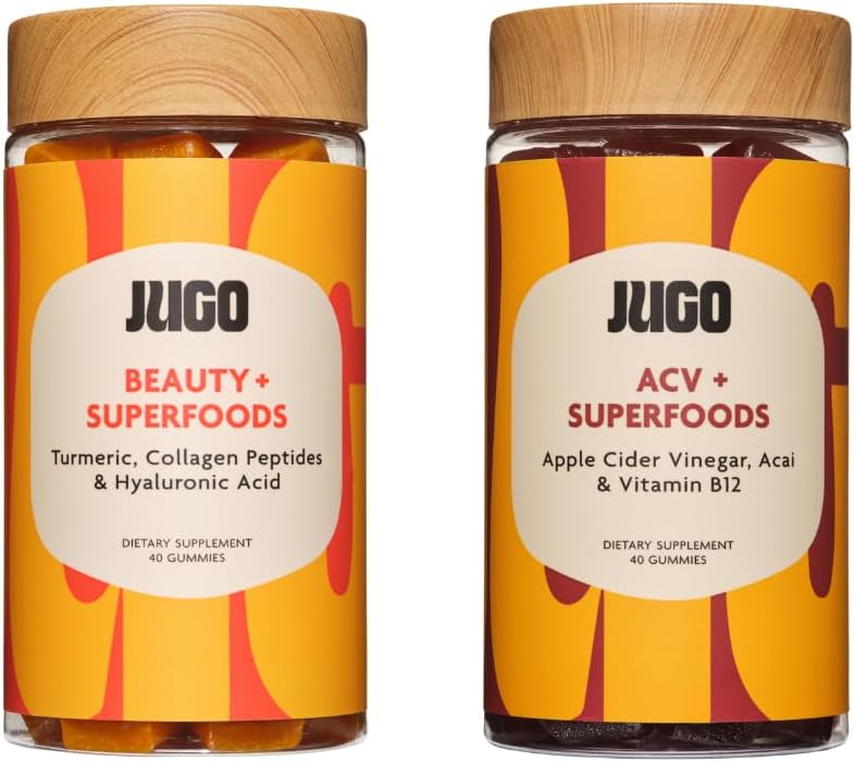 JUGO Beauty + ACV Gummies Bundle – κολλαγόνο, βιοτίνη και μηλίτη μηλίτη – Υποστηρίζει τα μαλλιά, το δέρμα, τα νύχια, την υγεία των ούλων και τον μεταβολισμό – 100% χορτοφάγους & χωρίς γλουτένη