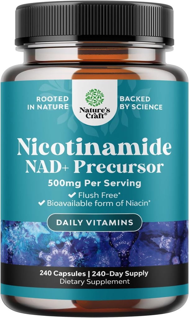 Βιταμίνη B3 Niacinamide 500mg Κάψουλες - Μιτοχονδριακή Ενέργεια και ισχυρό συμπλήρωμα δέρματος - AKA Vitamin B3 Niacin 500mg Flush Free and Nicotinamide 500mg - Flush Free Niacin Supplement - 240 Count