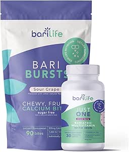 Bari Life Only One Chewable: Once Daily Bariatric Multivitamin + Iron and BariBurst Calcium Citrate Soft Chews for Gastric Bypass, Gastric Sleeve and Duodenal Switch (Sour Grape)