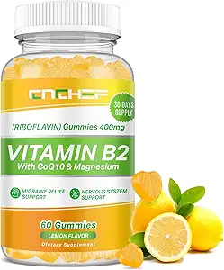 Βιταμίνη B2 Gummies, Ριβοφλαβίνη 400mg συμπλήρωμα με Μαγνήσιο Γλυκινικό & CoQ10 για ενήλικες & παιδιά, Υποστήριξη Ημικρανία ανακούφιση & νευρικό σύστημα, Ενισχύστε την ενέργεια, Χωρίς ζάχαρη Vegan B2 Gummies άρωμα λεμόνι