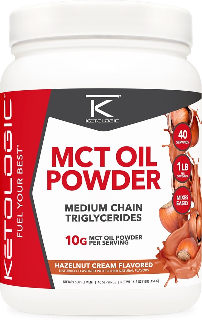 Ketologic MCT Oil Powder Hazelnut Cream (1 LB) – Keto Coffee Creamer & Energy Support – 41 Servings of Medium Chain Triglycerides for Focus & Fuel