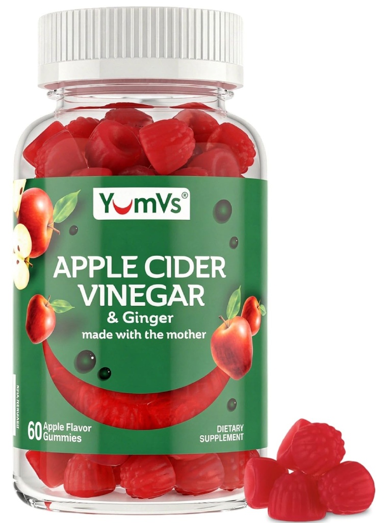 YUM-V'S Apple Cider Vinegar Gummies – ACV Gummies with Ginger & The Mother – Supports Metabolism, Vitality & Daily Wellness – Natural Apple Flavor Vegan, Non-GMO, Gluten-Free, Cider Gummy – 60 Count