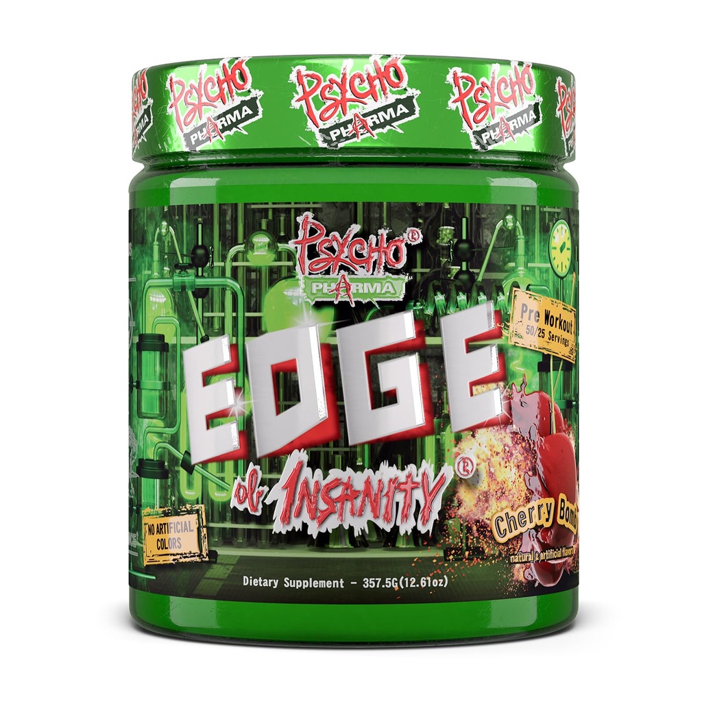 Psycho Pharma Strongest High Stim Preworkout Powder - Edge of Insanity - Most Intense Pre Workout Supplement for Pumps, Strength, Energy and Feel Good Focus. Αντίπαλα Διάσημα PWO του παρελθόντος