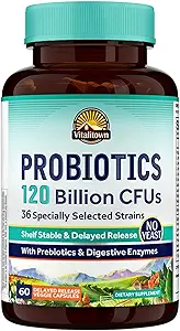 Vitalitown Probiotics 120 Billion CFUs | 36 Strains, with Prebiotics & Digestive Enzymes | Shelf Stable | Digestive Health & Immune Support | Vegan, Non-GMO | Pack of 1 | 60 Delayed Release Veg Caps