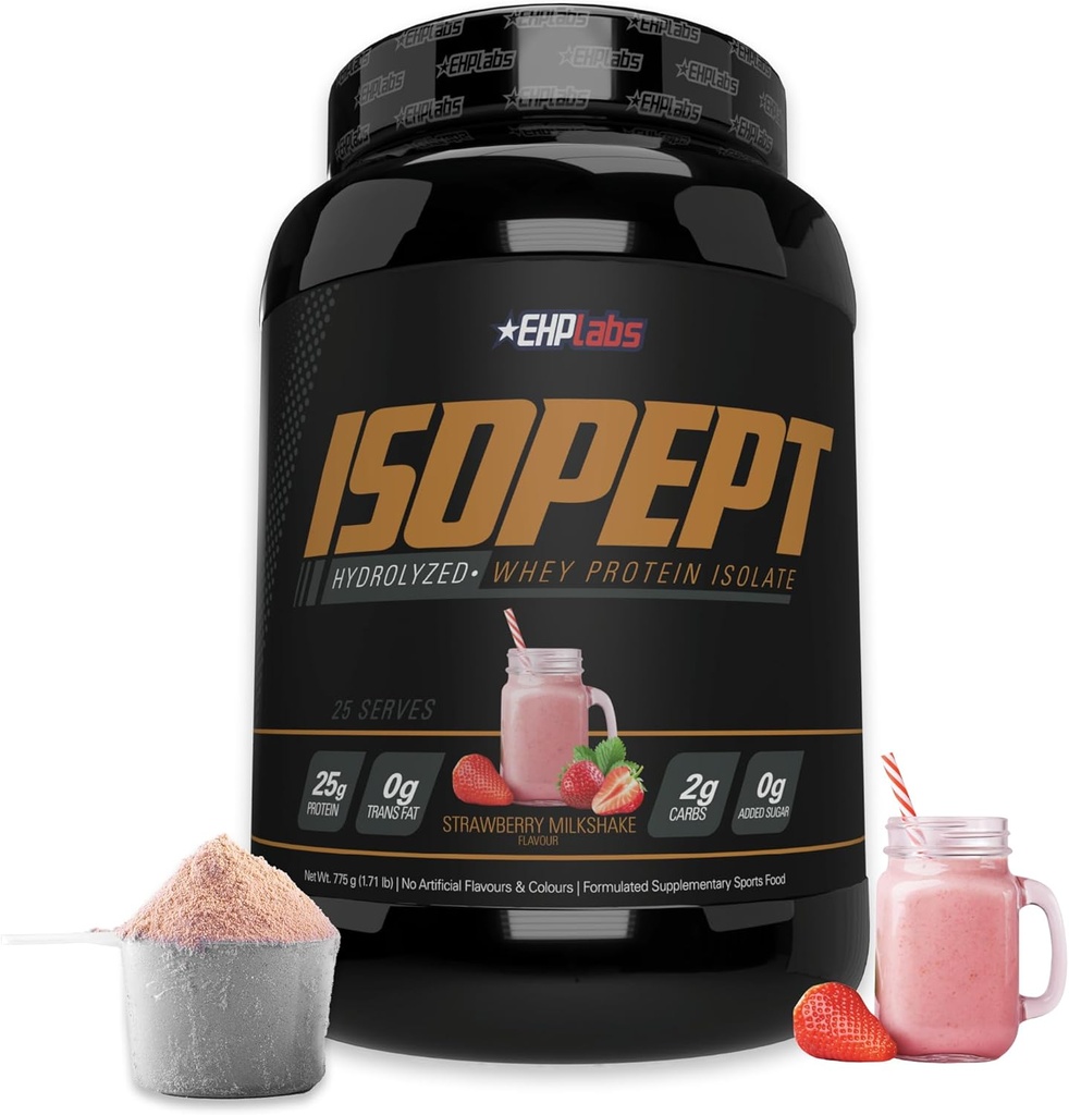 IsoPept Hydrolyzed Whey Protein Powder by EHPLabs - 100% Whey Protein Isolate & Hydrolysate, 27g Protein, Non-GMO, Gluten Free, Fast Absorbing, Easy Digesting, 27 Serves (Strawberry Milkshake)