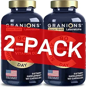 Granions HMB and Vitamin D3 Supplement - Muscle Recovery, Beta Hydroxy Butyrate Pre Workout Muscle Builder, Mass Gainer - 1000 MG with D3 and Calcium - 360 HMB Capsules, 6-Month Supply