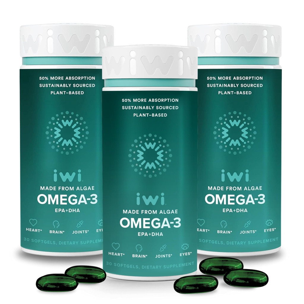 Iwi Omega-3, 90 Softgels (90 σέρβις), Vegan Plant-based Algae Omega 3 με EPA + DHA, πλήρες συμπλήρωμα διατροφής υποστήριξης σώματος, Krill & Fish Oil Εναλλακτική, Χωρίς ψαρική επίγευση